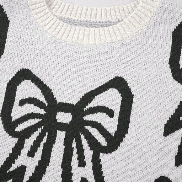 Casual Women's Jacquard Bow Print Round Neck Long Sleeved sweater top - Picture 5 of 8